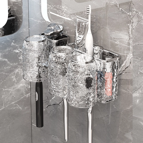 Porta Spazzolino Da Muro Plastica Ondulazione Acqua Bicchieri Trasparenti Rack Di Stoccaggio Bagno Senza Foratura Lusso