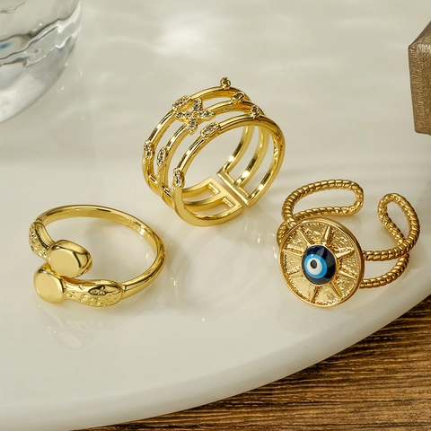 Geometric Cubic Zirconia Adjustable Open Ring Gold Plated Copper Minimalist Fashion Jewelry For Women