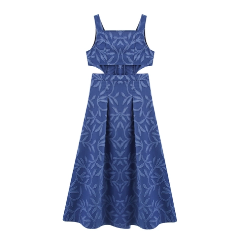 Robe Maxi Jacquard Denim Texture Taille Découpée Boutonnage Simple Col En V Sans Manches Élégante Sexy Femmes