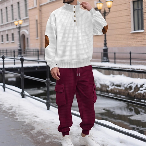 Felpa In Maglia A Nido D'Ape E Pantaloni Cargo Uomo Casual Collo Alto Con Bottoni Toppe Gomiti Contrasto Moda Urbana