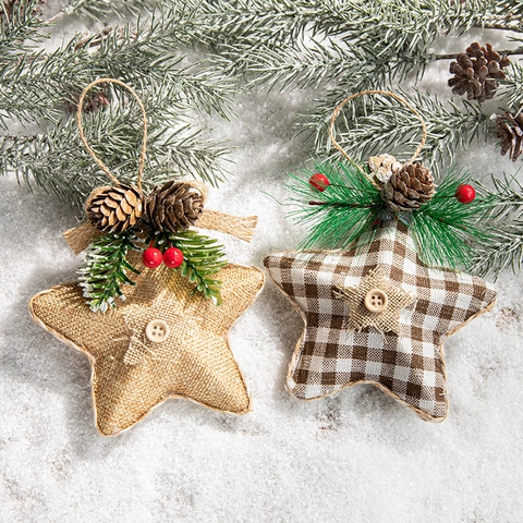 Stella Di Natale Ornamenti Appesi Sacco Tessuto Scozzese Pigne Aghi Bacche Bottone Legno Decorazione Albero