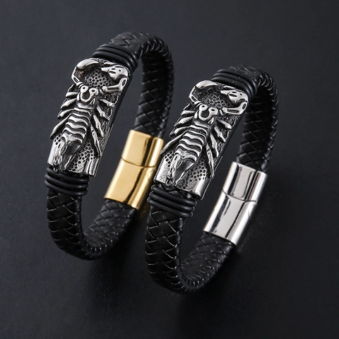 Pulsera De Cuero Trenzado Escorpión Acero Inoxidable Cierre Magnético Punk Retro Hombre