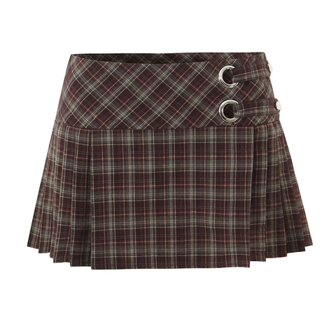 Women High Waist Plaid Pleated Mini Skirt Preppy Style Polyester Rayon Blend Double Buckle Streetwear
