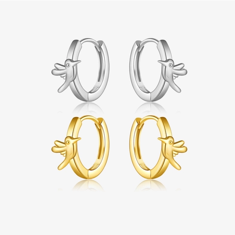 Orecchini a Cerchio con Colibrì in Argento Sterling 925 per Donna Design a Uccello Galvanizzato Gioielli Placcati Oro Argento