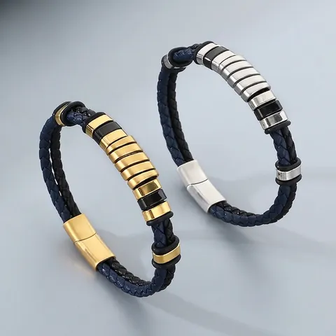 Herren Geflochtenes Lederarmband Edelstahl Magnetverschluss Doppellagig Retro Gewebtes Armband Mode Schmuck Zubehör