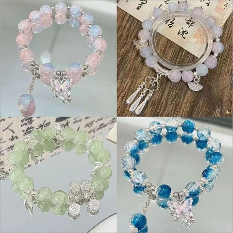 Vintage Beaded Bracelet For Women With Crystal Glass Cat Eye Stone Alloy Butterfly Charm Tassel Elegant Accessory