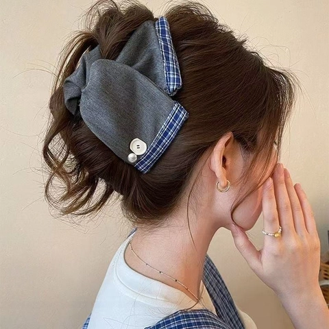 Molletta Per Capelli Con Fiocco A Quadri Grande Tessuto Denim Satin Perla Artificial Bottone Elegante Donna Accessorio