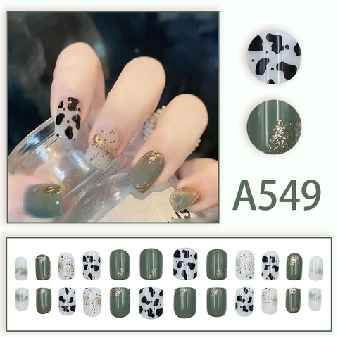 Press On Nails Green Cow Print Gold Foil Glitter Square Shape Detachable Plastic Fake Nail Tips French Sweet Style Women
