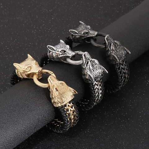 Bracciale In Pelle Intrecciata Con Doppia Testa Di Lupo Acciaio Inossidabile Gioielli Biker Punk Retro Per Uomini