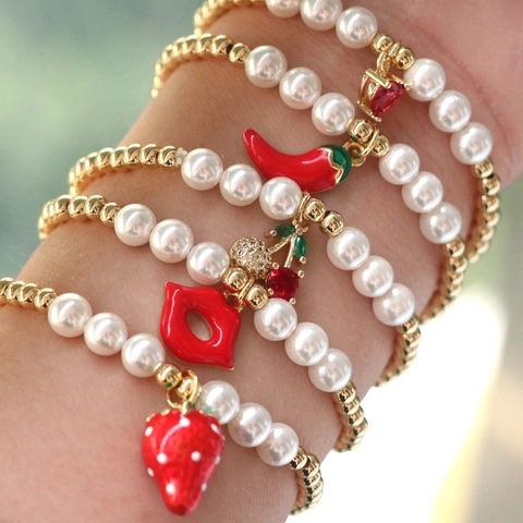 Sweet Fruit Charm Beaded Bracelet 18K Gold Plated Copper Simulated Artificial Pearl Enamel Jewelry For Women Girls