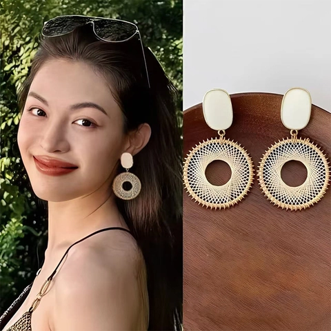 Round Woven Hoop Drop Earrings With 925 Sterling Silver Earring Post Copper Resin Retro Bohemian Geometric Jewelry For Women