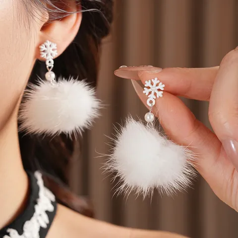 Snowflake Pom Pom Artificial Pearl Drop Earrings With Silver Earring Post Alloy White Winter Christmas Style Jewelry For Women