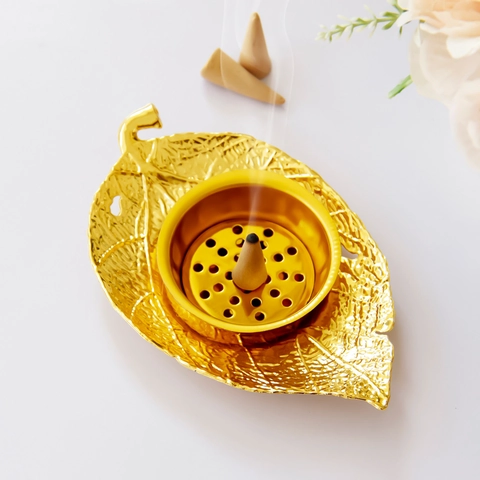 Brûleur Encens Métal Doré Forme Feuille Porte Aromathérapie Décoration Bureau Ornement Maison Style Moyen Orient