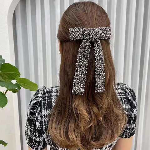 Handmade Beaded Bow Hair Clip With Imitation Artificial Pearl Long Tassels Elegant Spring Barrette For Women Fashion Hair Accessories