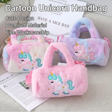 Kids Plush Unicorn Crossbody Handbag Cute Faux Fur Shoulder Bag With Embroidery Bow For Little Girls Toddlers Fashion