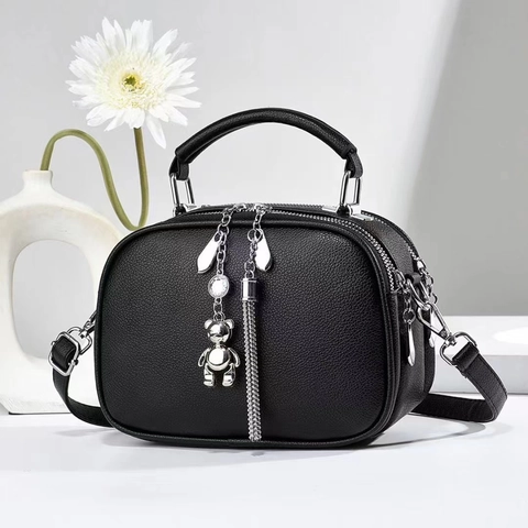 Women Crossbody Bag PU Leather Litchi Pattern Triple Zipper Handbag With Bear Tassel Charm Elegant Daily Fashion