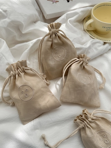 Linen Drawstring Storage Bag Embroidered Smiley Face Portable Dustproof Pouch For Makeup Jewelry Minimalist Cute Organizer