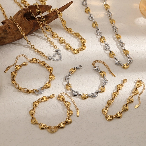 Heart Link Necklace Bracelet Jewelry 18K Gold Plated Stainless Steel Pave Cubic Zirconia Clavicle Chain For Women Elegant