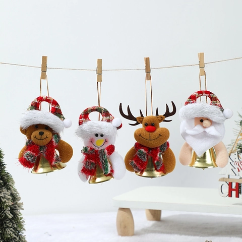 Christmas Doll Bell Ornaments Santa Snowman Reindeer Bear Plush Plaid Fabric Metal Bell Hanging Tree Decorations