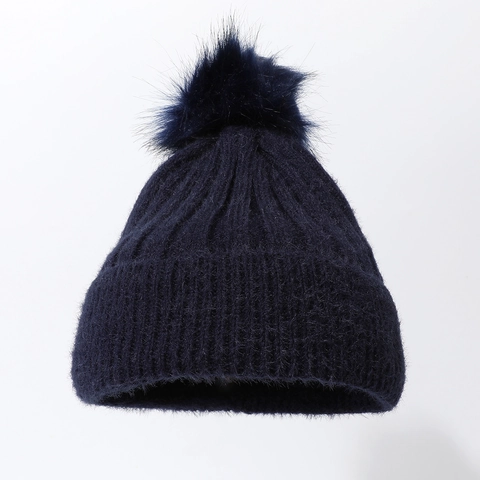 Gorro De Punto Acanalado De Color Sólido Con Gran Pompon De Piel Sintética Gorro De Invierno Cálido Y Suave Para Mujer
