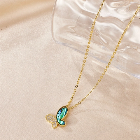 Butterfly Pendant Necklace Stainless Steel Mother Of Artificial Pearl Zirconia Gold Plated Elegant Fashion Jewelry For Women