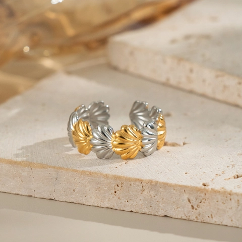 Shell Texture Open Ring Stainless Steel Gold Silver Two Tone Adjustable Chic Fashion Jewelry For Women Waterproof