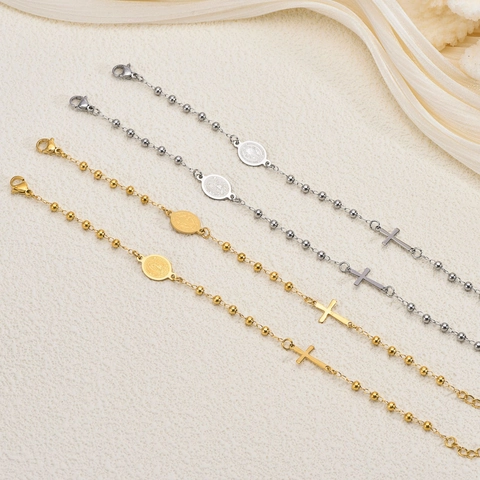 Religious Stainless Steel Beaded Bracelet For Women Men Virgin Mary Cross Pendant Medal Our Lady Of Guadalupe Fashion Jewelry