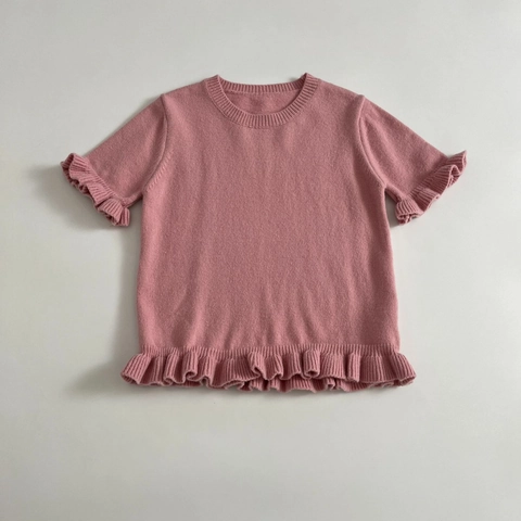 Top De Punto Con Cuello Redondo Para Mujer Manga Corta Color Sólido Dobladillo Con Volantes Suéter Casual