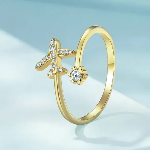 S925 Sterling Silver Airplane Star Zirconia Open Ring For Women Adjustable Travel Aviation Theme Jewelry Gift Trendy Silver Gold Rose Gold Ring