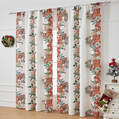 Kerst Bedrukte Verduisterende Gordijnen Polyester Holiday Bel Boom Sneeuwpop Patroon Roede Pocket Voor Woonkamer Huisdecoratie