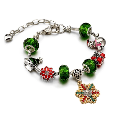 Christmas Charm Bracelet DIY Beaded Snake Chain Alloy Glass Beads Snowflake Snowman Christmas Tree Festive Jewelry Gift