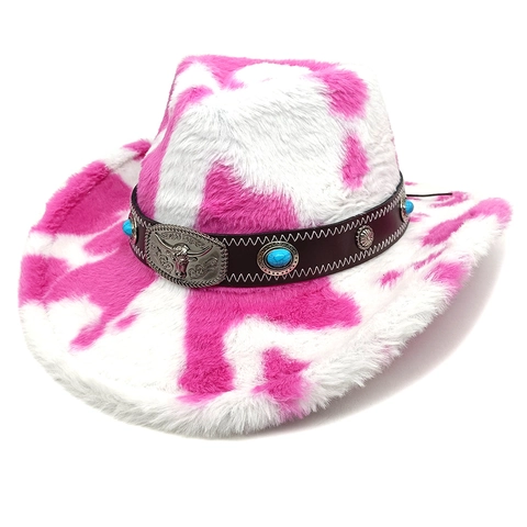 Chapeau Cowboy Occidental Imprimé Vache Fausse Fourrure Peluche Hiver Chaud Large Bord Boucle Tête Taureau Cuir