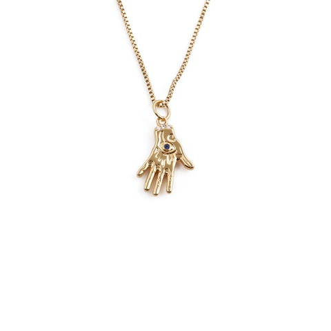 Collar De Pendiente Mano De Hamsa Ojo Cobre Chapado En Oro De 18K Cadena De Caja Circón Piedra Azul Joyería Hip Hop
