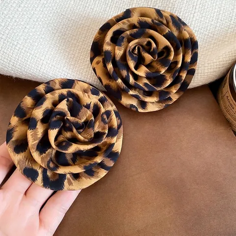 Leopard Print Rose Flower Oversized Earrings With 925 Sterling Silver Earring Post Cloth Fabric Exaggerated For Women