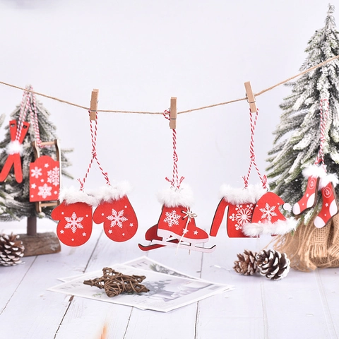 Addobbi Natalizi In Legno Da Appendere Sci Slitta Pattini Guanti Maglione Cappello Decorazione Festiva Rosso Bianco Fiocchi Di Neve