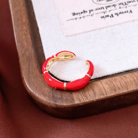 Anello Regolabile Aperto Smalto Rosso Rame Placcato Oro Retro Ovale Minimalista Gioielli Di Lusso Per Donne