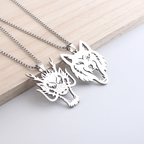 Men Stainless Steel Dragon Wolf Head Pendant Necklace Hollow Totem Hip Hop Zodiac Jewelry Streetwear Polished