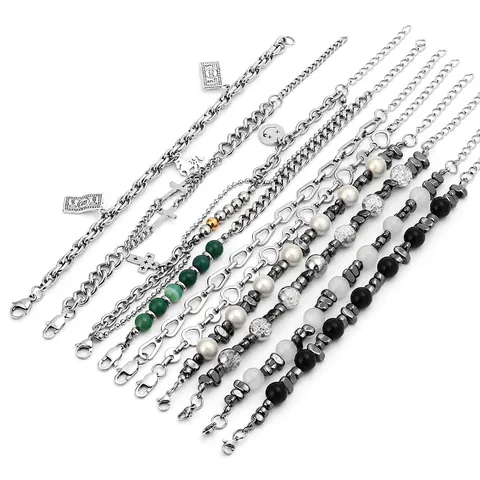 Trendy Stainless Steel Beaded Bracelet For Women Men Hip Hop Punk Style With Hematite Agate Faux Artificial Pearl Charms Adjustable