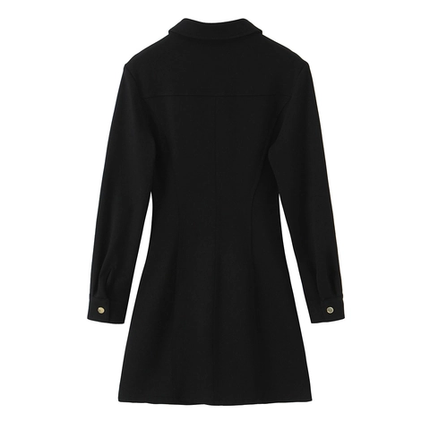 Abito Camicia Nero Donna Maniche Lunghe Bottoni Vestibilità Aderente Elegante Midi Costine Ufficio