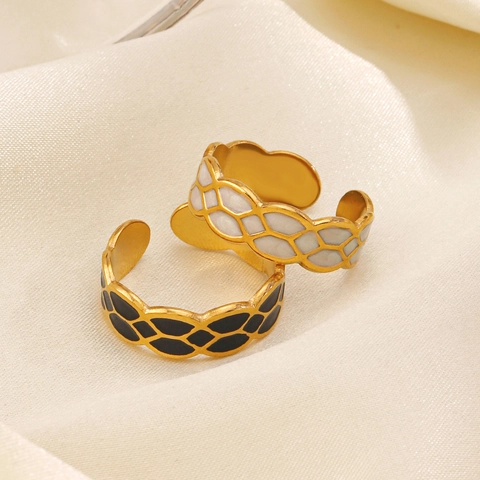 Anello Aperto Regolabile 18K Acciaio Inossidabile Placcato Oro Geometrico Nido D'Ape Smalto Gioielli Per Donne