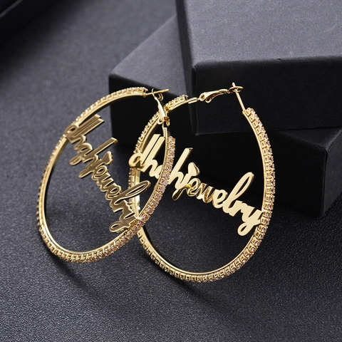 Stainless Steel Hoop Earrings Rhinestone Letter Design Hollow Round Geometric Retro Fashion Jewelry For Women