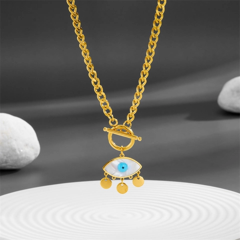 Collar Con Colgante De Ojo Turco Acero Inoxidable Nácar Ojo Azul Cierre De Palanca Joyería De Moda Para Mujeres
