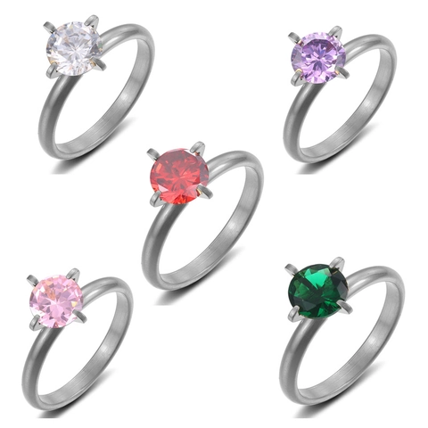 Anello Solitario Acciaio Inossidabile Zirconia Taglio Rotondo Incastonatura 4 Griffe Gioielli Di Moda Per Donna