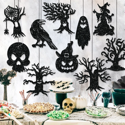 Halloween Hängedekoration Glitzer Papier Ornamente Geisterhaus Bar Party Horror Requisiten Schwarze Silhouette Totenkopf Geist Hexe Kürbis
