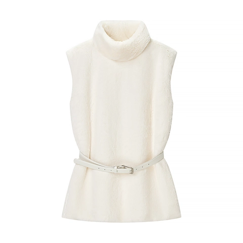 Women Casual Faux Fur Vest High Neck Sleeveless Jacket With Belt Autumn Winter Warm Mid Length Plush Waist Cinching Top