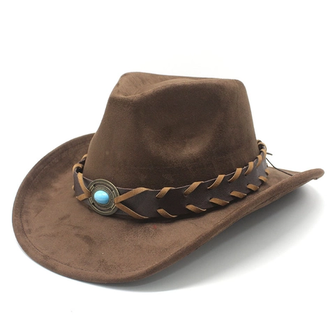 Western Cowboy Hat Vintage Suede Felt Wide Brim Jazz Hat With Woven Leather Band And Turquoise Ethnic Bohemian Style