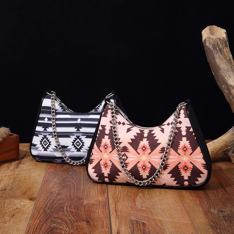 Women Shoulder Underarm Bag Aztec Geometric Pattern Canvas PU Leather Metal Chain Wide Strap Bohemian Tribal Retro