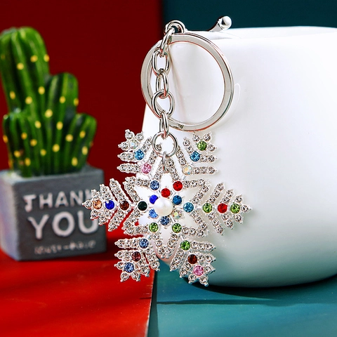 Sneeuwvlok Sleutelhanger Strass Imitatie Kunstparel Zinklegering Kerstcadeau Tas Charme Auto Sleutelhanger Mode Accessoire