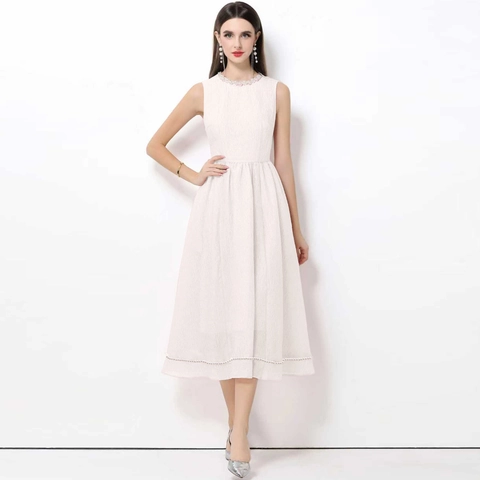 Elegant French Retro Sleeveless Midi Dress Artificial Pearl Beaded Jacquard Knit High Waist A-Line Big Swing Skirt Apricot