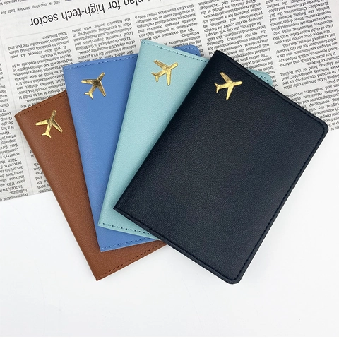 Passport Holder PU Leather Airplane Pattern Gold Logo Travel Case Business ID Window Card Wallet For Men Women